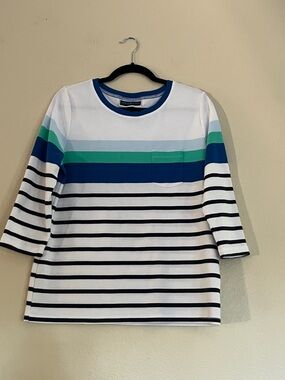Karen Scott White Top with Blue and Teal Stripes - Long Sleeve Tee